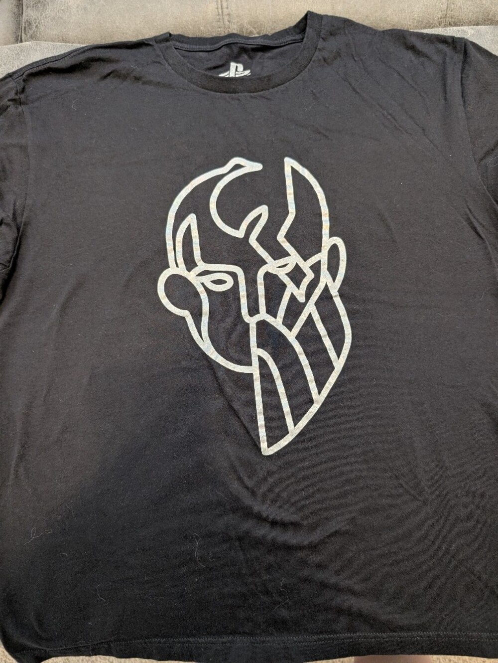 God Of War 2018. Sony Black Tee with Iridescent Kratos And Boy Face Graphic